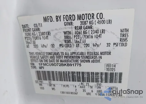 2011 Ford Escape Xlt из США, поврежденный, VIN 1FMCU9D72BKB91775